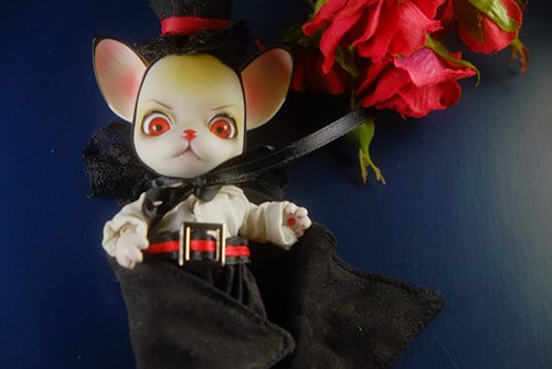 球体関節人形の動物ドール、パンジュ・ブラックルシアン、自作のブラウス試作品を着せて、カッコイイ吸血鬼のつもり