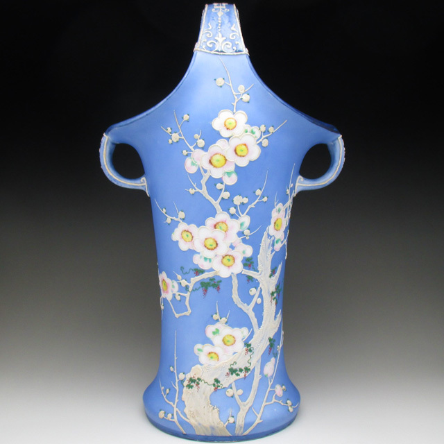 オールドノリタケ ブルー地盛り上げ梅絵 花瓶 - アンティーク陶磁器 